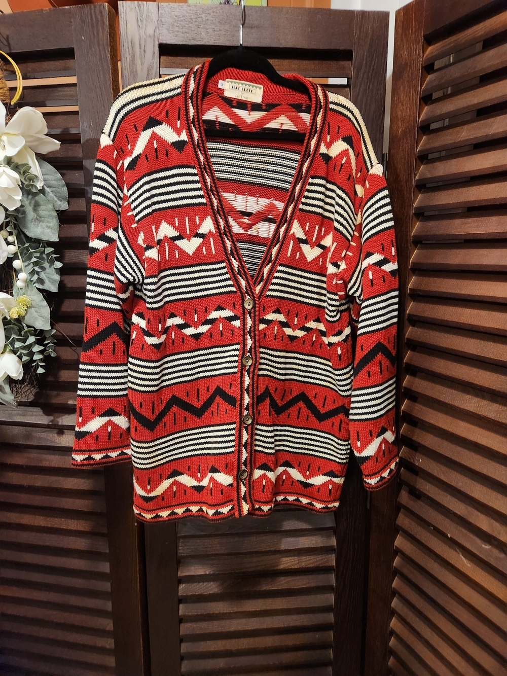 Vintage-Inspired Red Patterned Cardigan Sweater